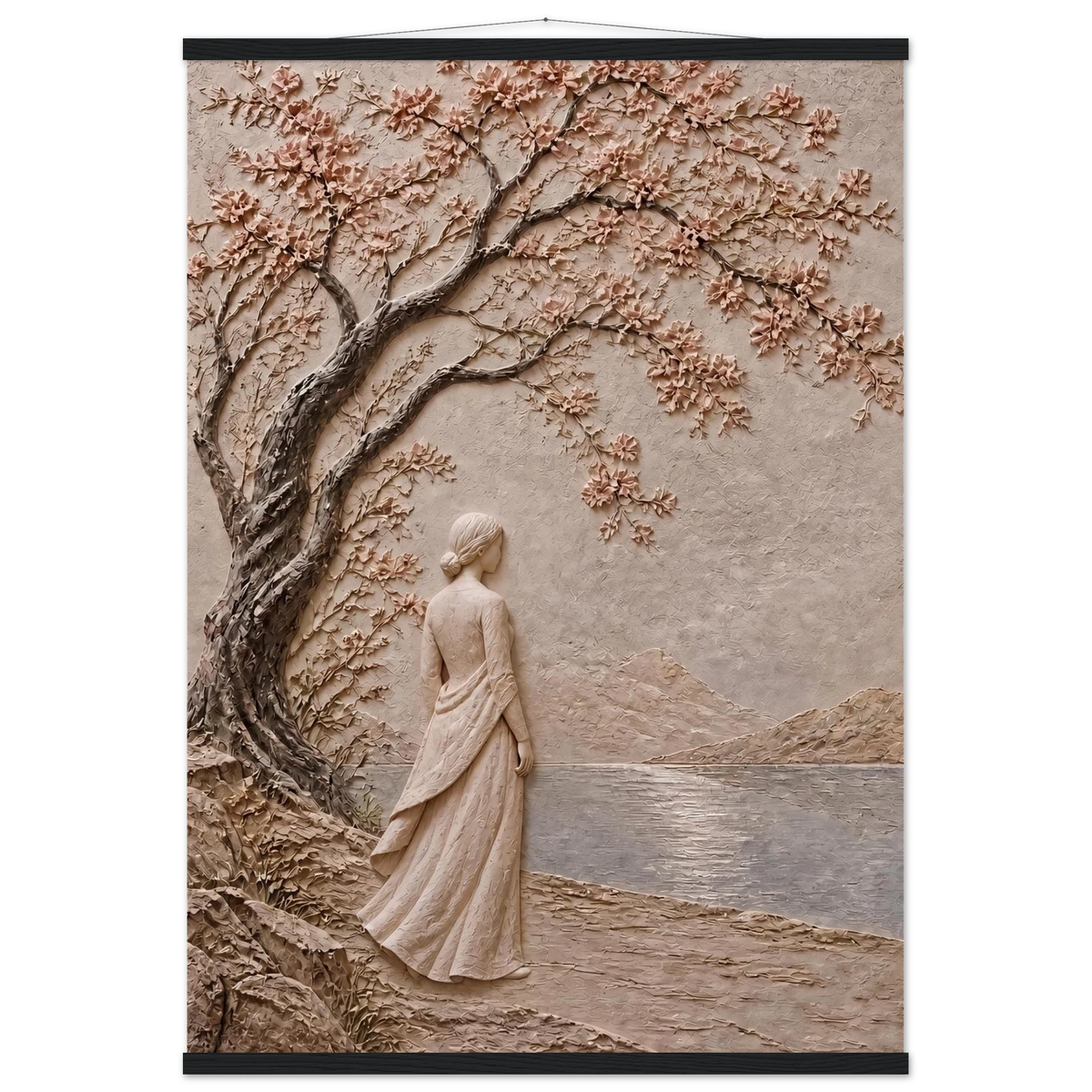 Spring Walk, impasto, lake and blossoming tree. Archival fine art poster shown framed.