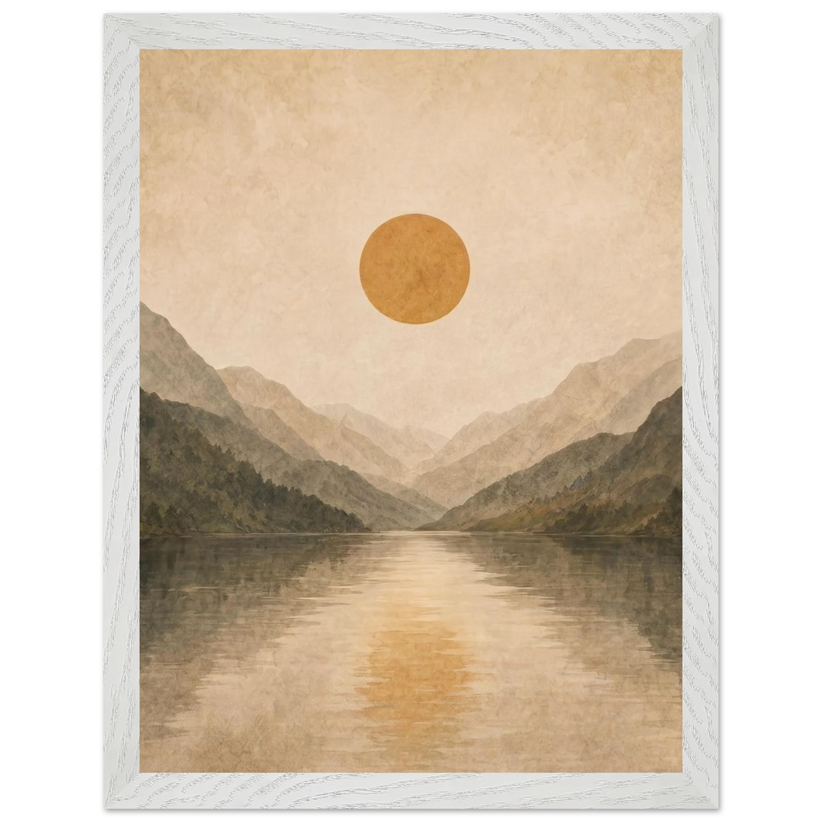 Lake Mirror: mountains, sunset and sun reflection. Framed fine art print by The Light Stays.