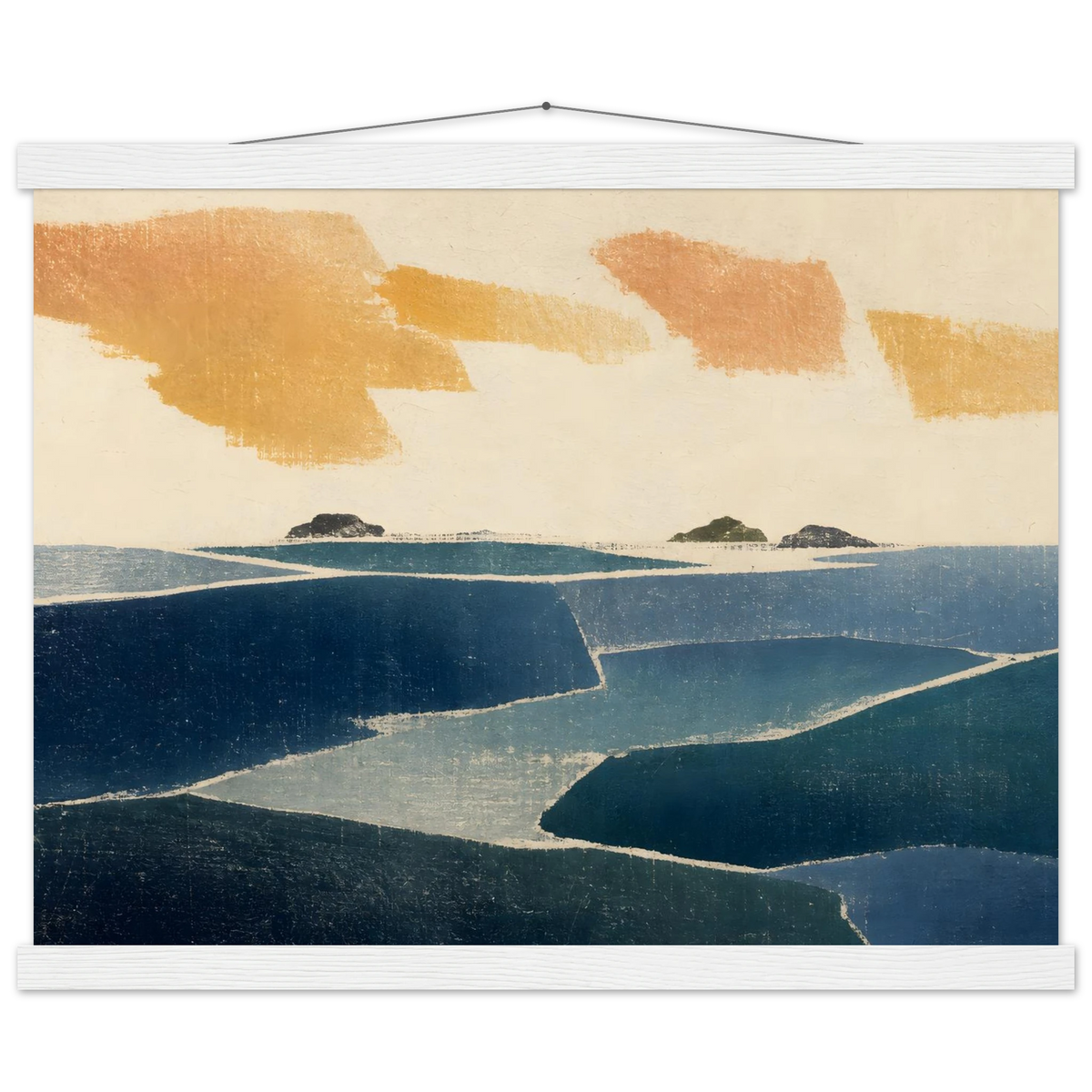 Amber and Indigo, abstract, coastline and color field. Archival fine art poster shown framed.