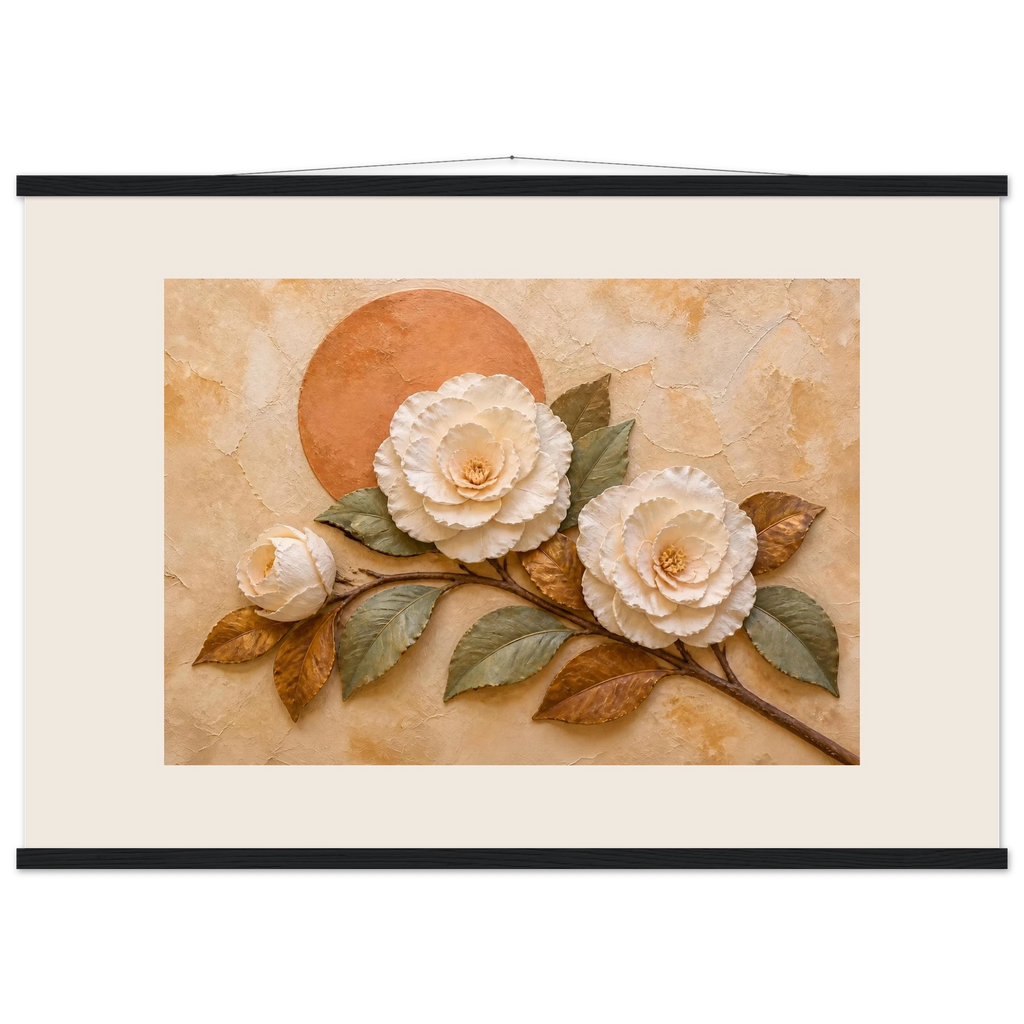 Camellia Eclipse, flowers and botanical. Archival fine art poster shown framed.