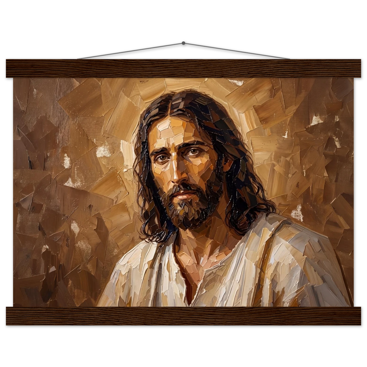 Kind Eyes: jesus, faith and serene gaze. Fine art poster with wooden hanger by The Light Stays.