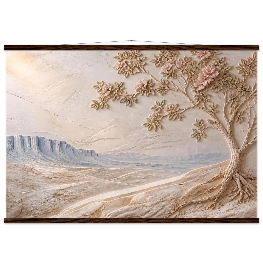 Cliffside Bloom: petra and flora. Fine art poster, alternate frame and size.