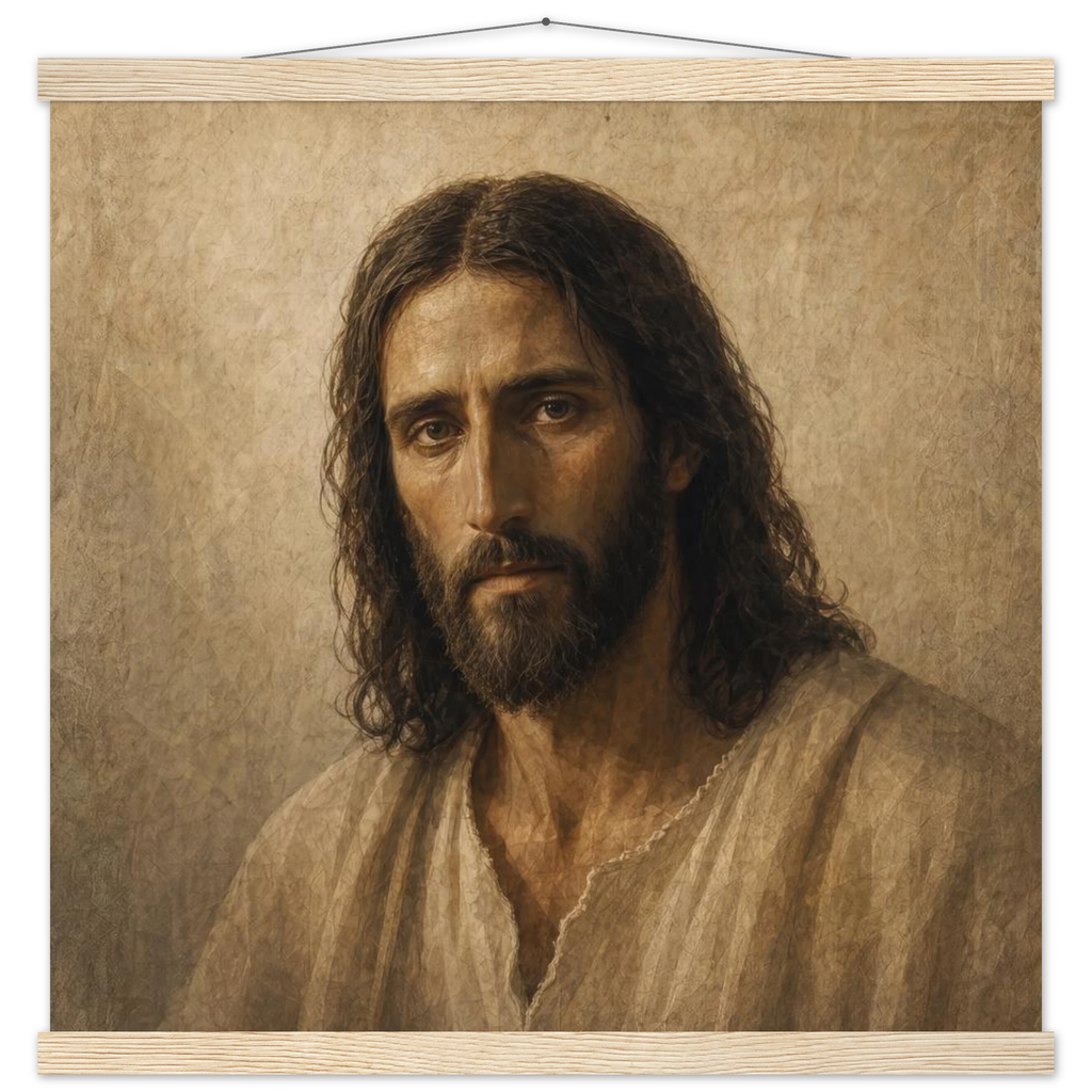 Pôster Kind Eyes com suporte de madeira, retrato sereno de Jesus em luz quente