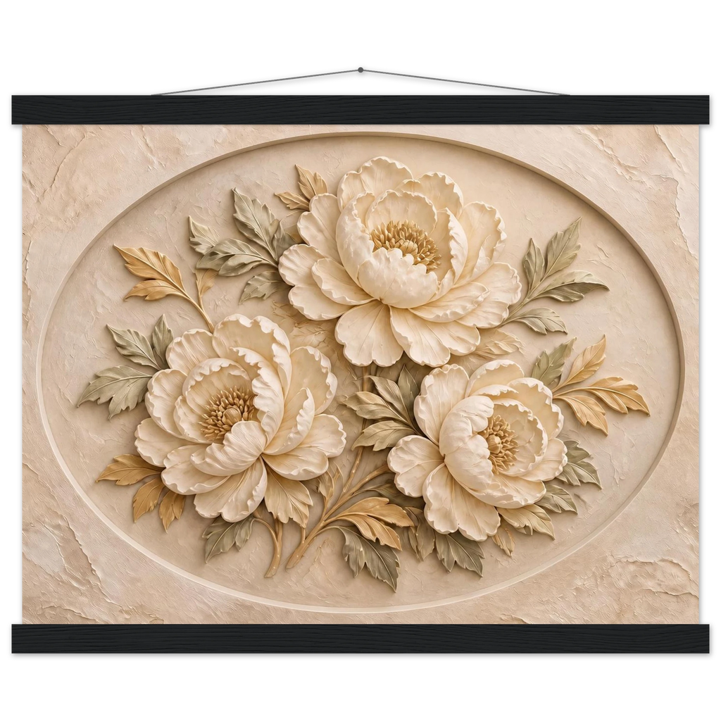 Peonies in Stone, flowers and botanical. Archival fine art poster shown framed.