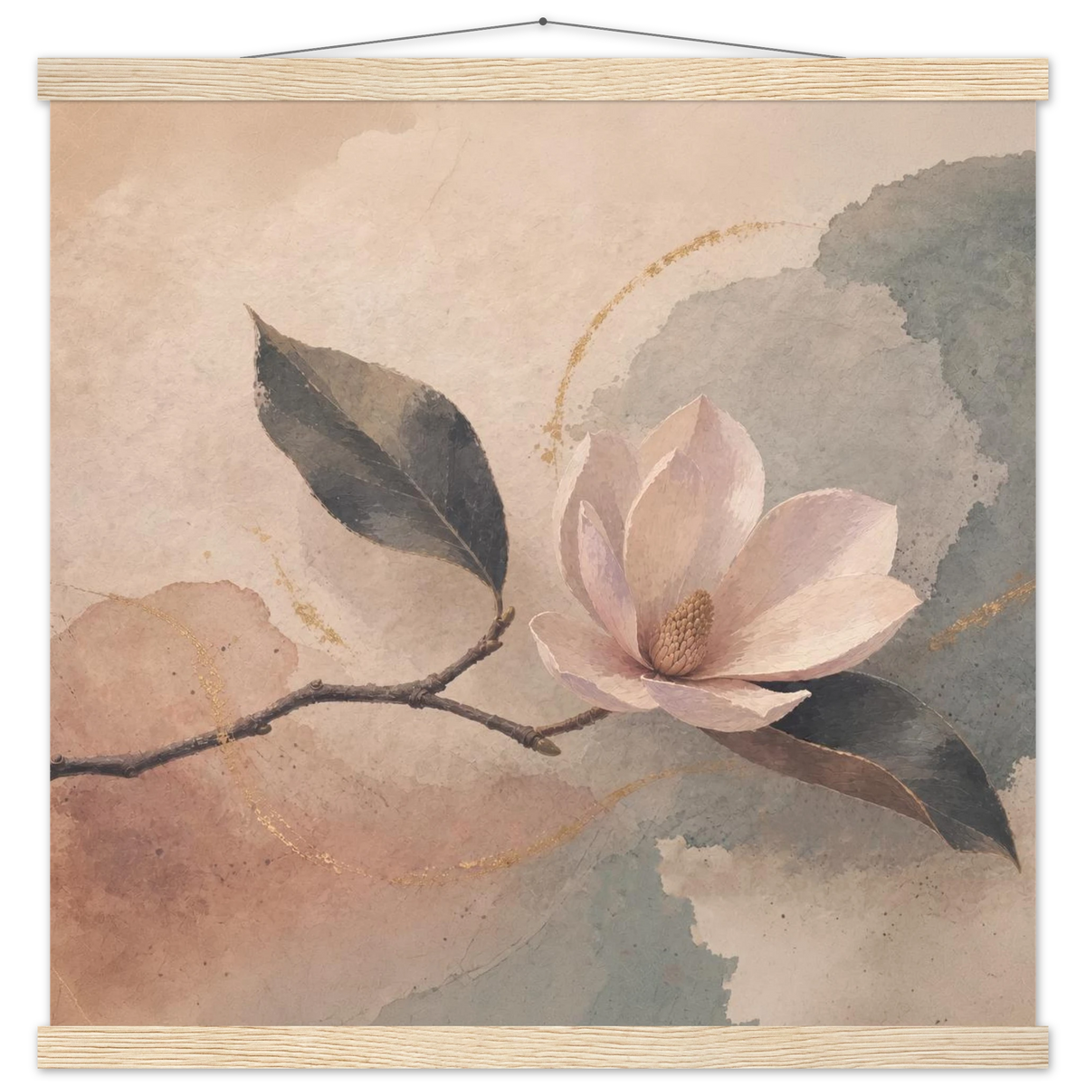 Magnolia Reverie: botanical, sage and japandi. Fine art poster with wooden hanger by The Light Stays.