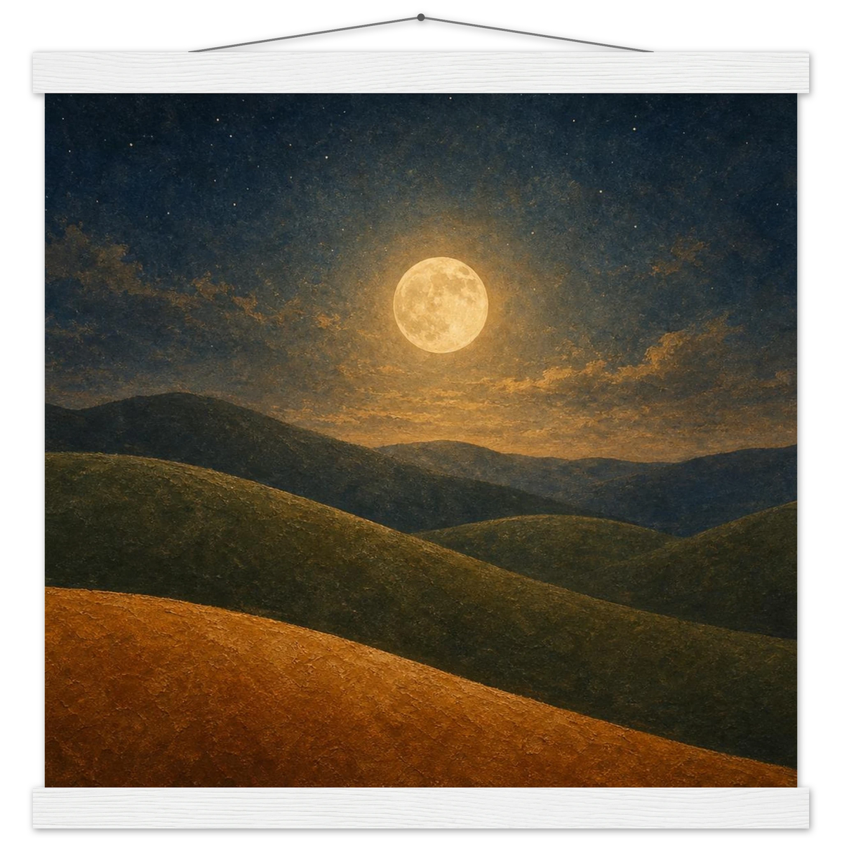 Moon Hills: night, minimalist landscape and charcoal. Fine art poster with wooden hanger by The Light Stays.
