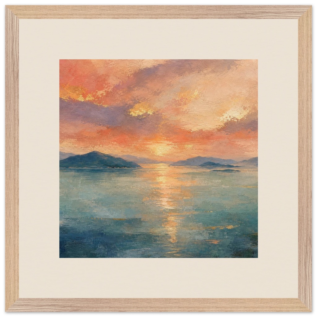 Setouchi Peach Dawn: riviera and japandi. Framed fine art print by The Light Stays.