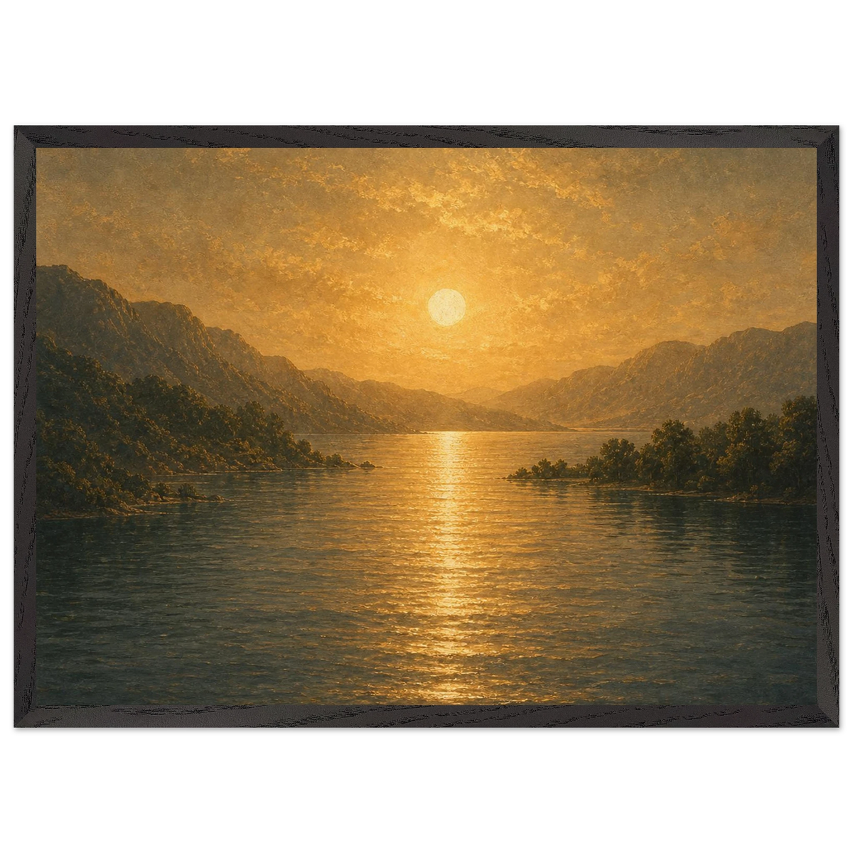 Golden Reflection: lake, sunset and mountains. Framed fine art print by The Light Stays.