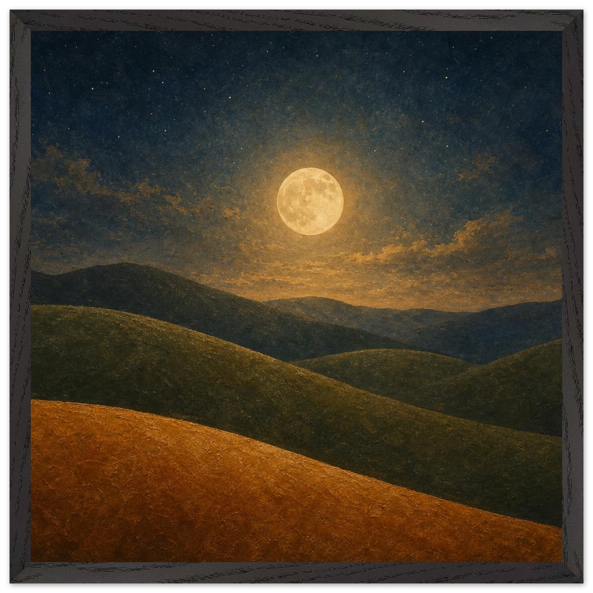 Moon Hills: night, minimalist landscape and charcoal. Framed fine art print by The Light Stays.