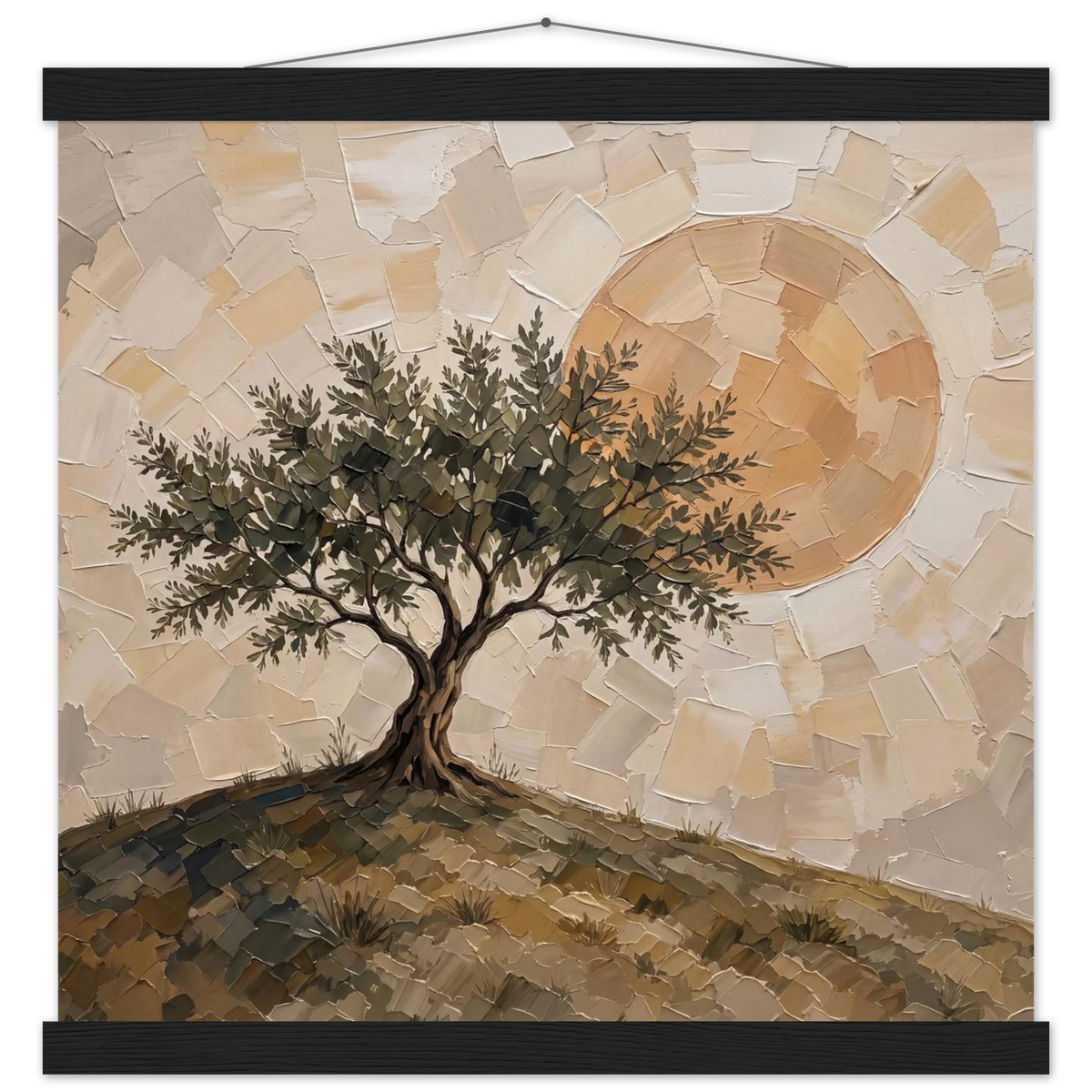 Olive Noon: hills, botanical and golden tones. Fine art poster with wooden hanger by The Light Stays.