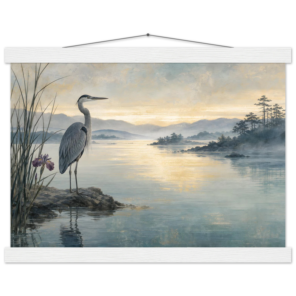 Heron at Dawn: japanese art and japandi. Museum-quality fine art poster.