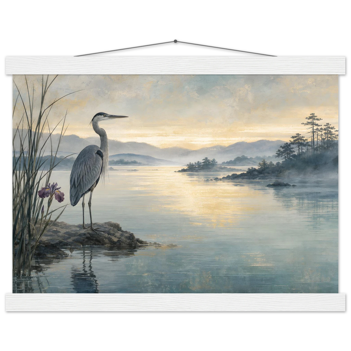 Heron at Dawn: japanese art and japandi. Museum-quality fine art poster.