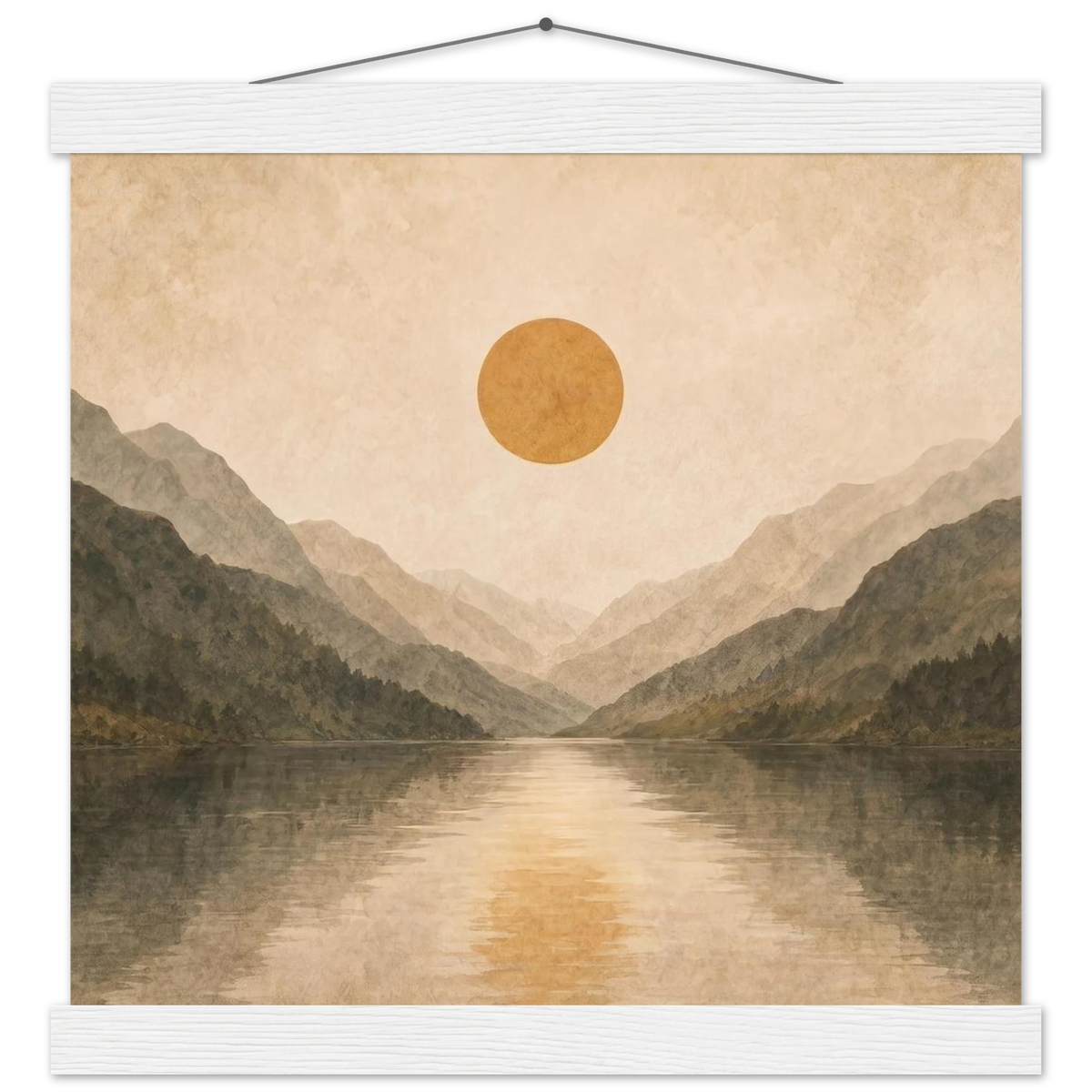 Lake Mirror: mountains, sunset and sun reflection. Fine art poster with wooden hanger by The Light Stays.