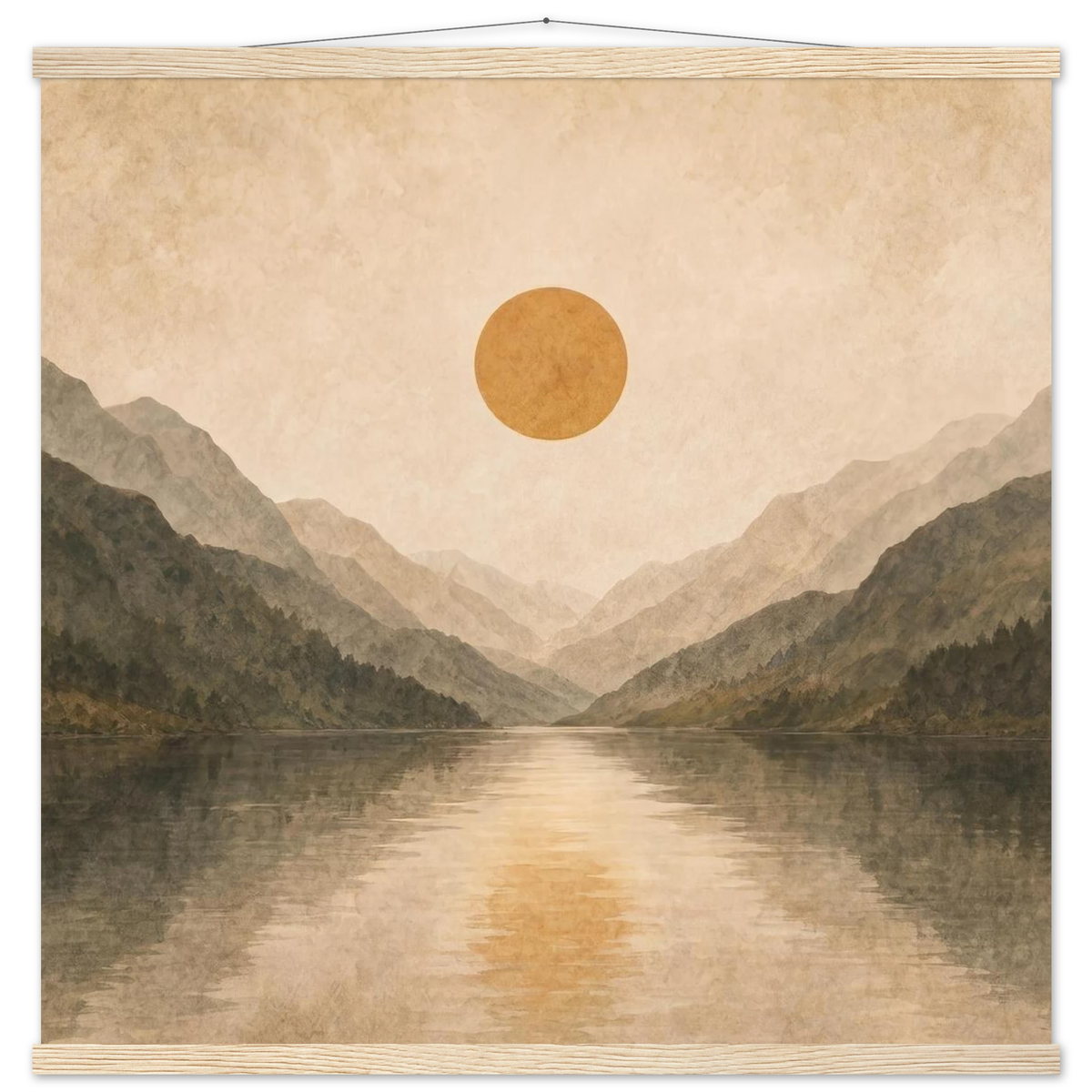 Lake Mirror: mountains, sunset and sun reflection. Fine art poster with wooden hanger by The Light Stays.