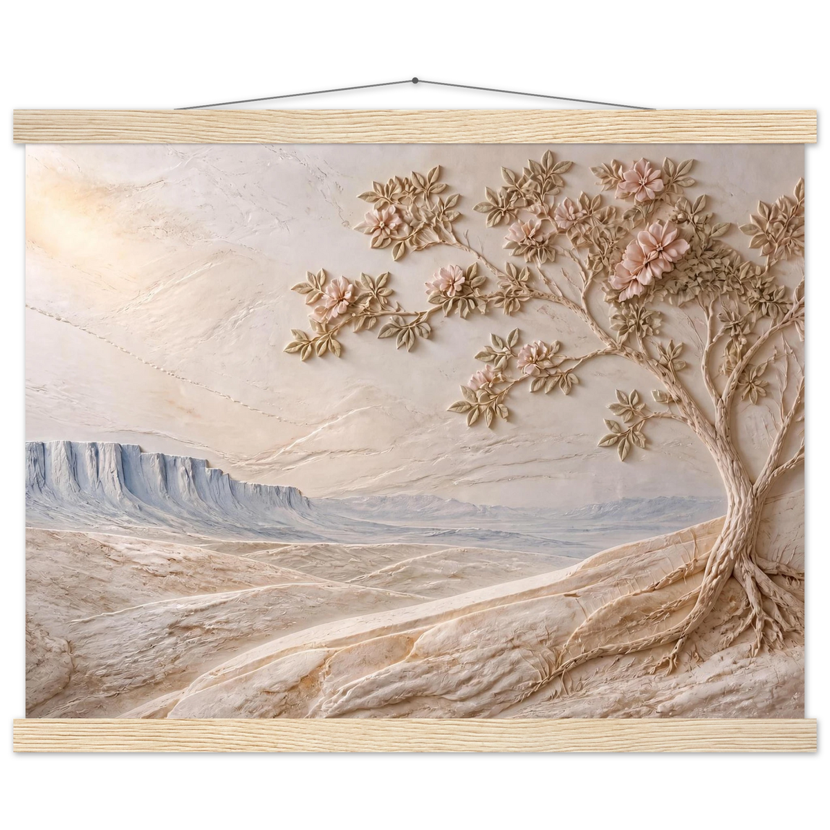 Cliffside Bloom: petra and flora. Museum-quality fine art poster.