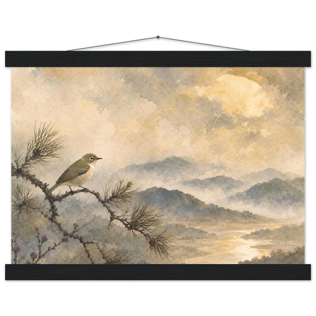 Golden Moon Bird, japanese art and japandi. Archival fine art poster shown framed.