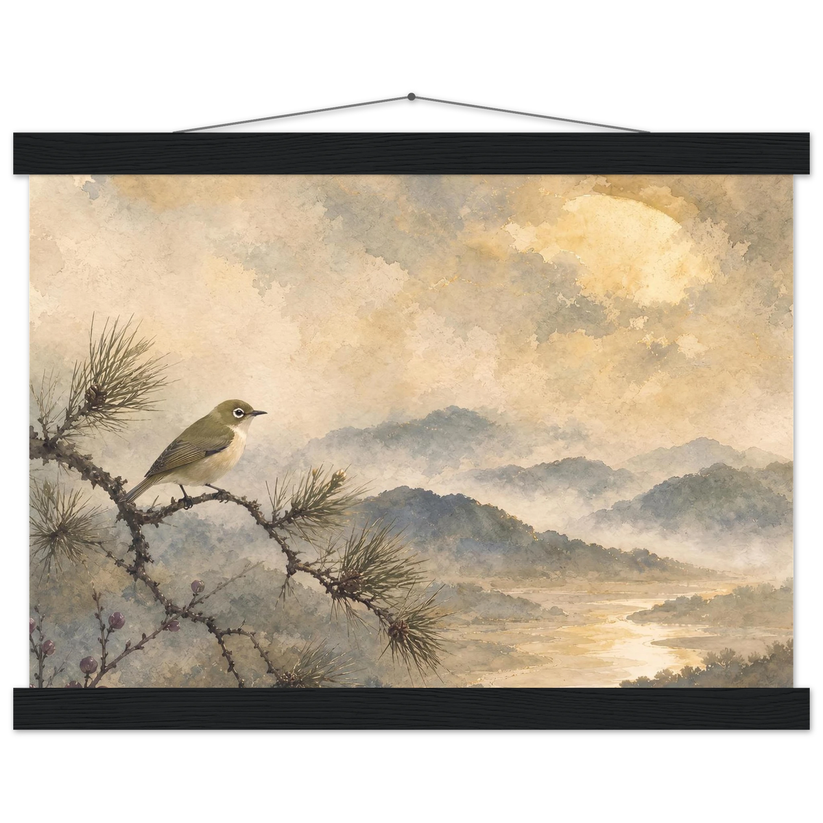 Golden Moon Bird, japanese art and japandi. Archival fine art poster shown framed.