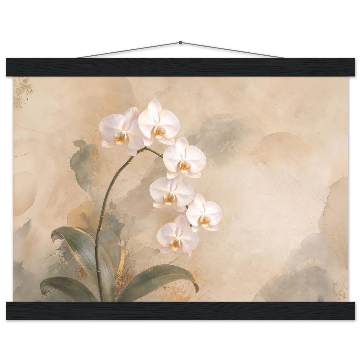 Orchid Luminance: botanical, pale gold and floral art. Fine art poster with wooden hanger by The Light Stays.