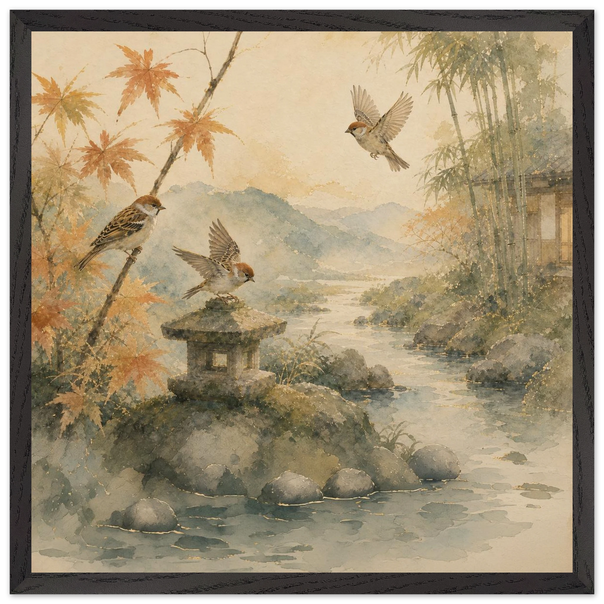 Three Birds Morning: birds, japanese landscape and japandi. Framed fine art print by The Light Stays.
