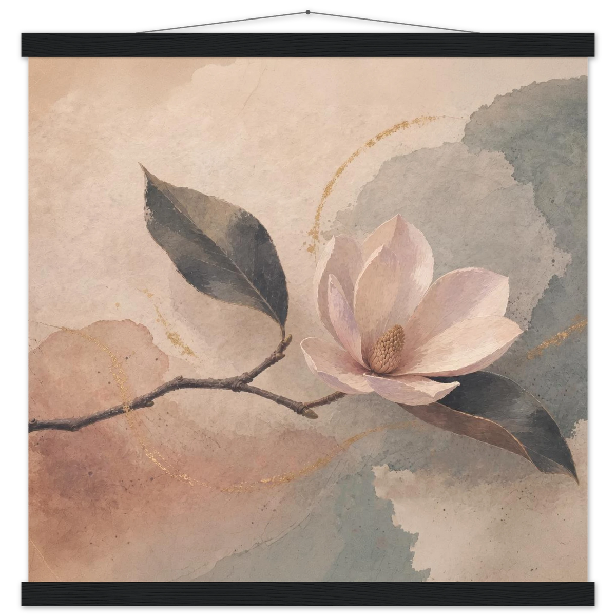 Magnolia Reverie: botanical, sage and japandi. Fine art poster with wooden hanger by The Light Stays.