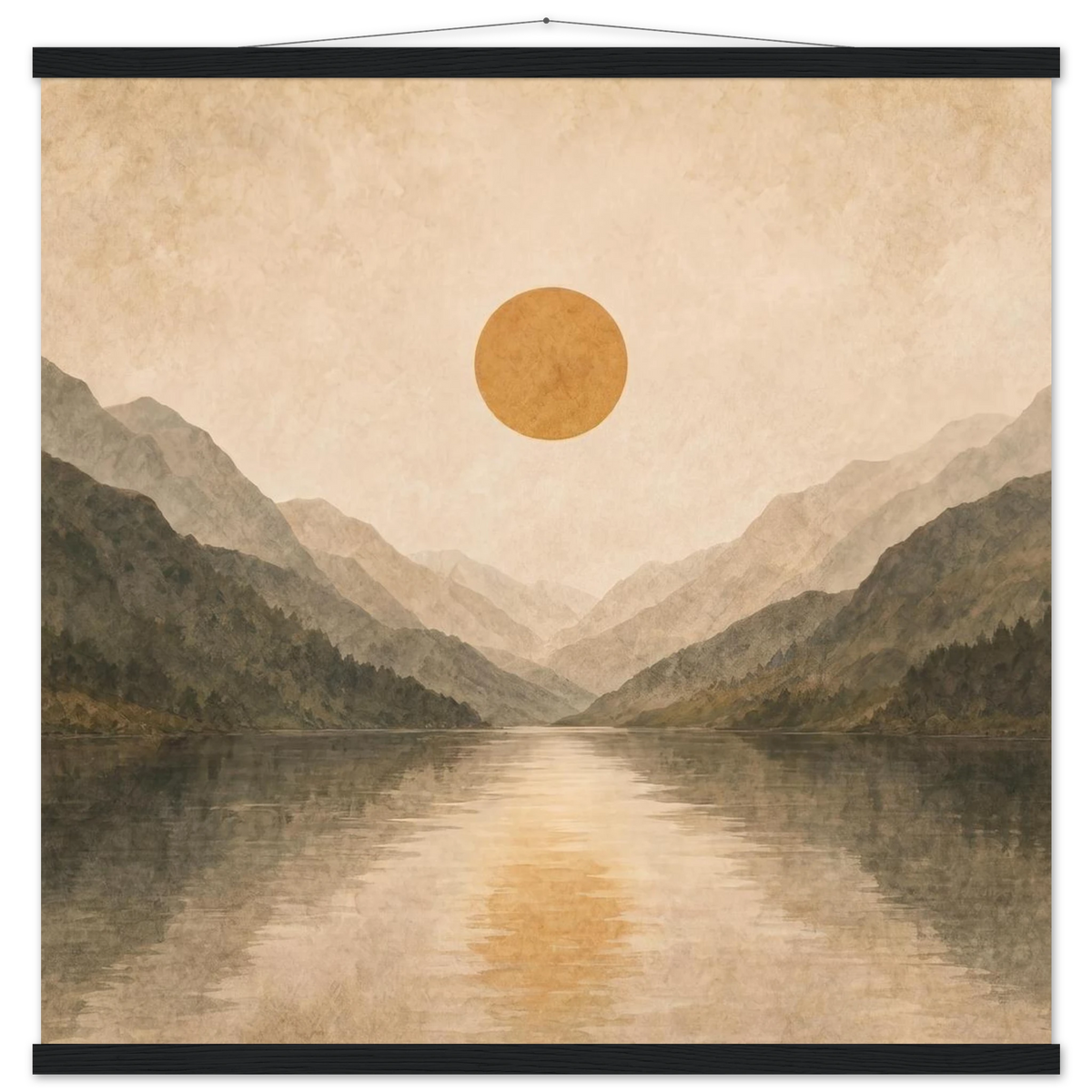 Lake Mirror: mountains, sunset and sun reflection. Fine art poster with wooden hanger by The Light Stays.
