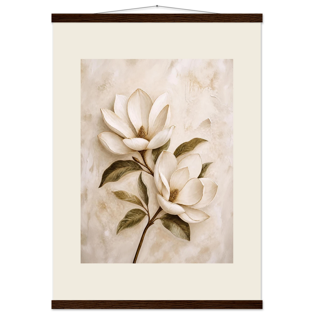 Gilded Magnolia, flowers and botanical. Archival fine art poster shown framed.
