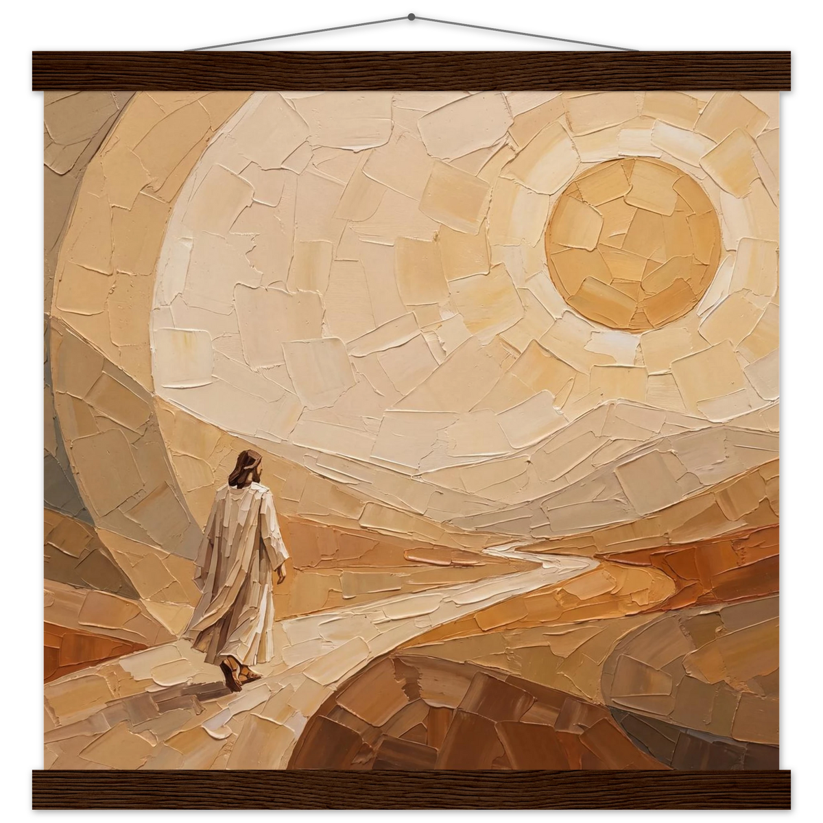 Lightfall: jesus, landscape and golden tones. Fine art poster with wooden hanger by The Light Stays.