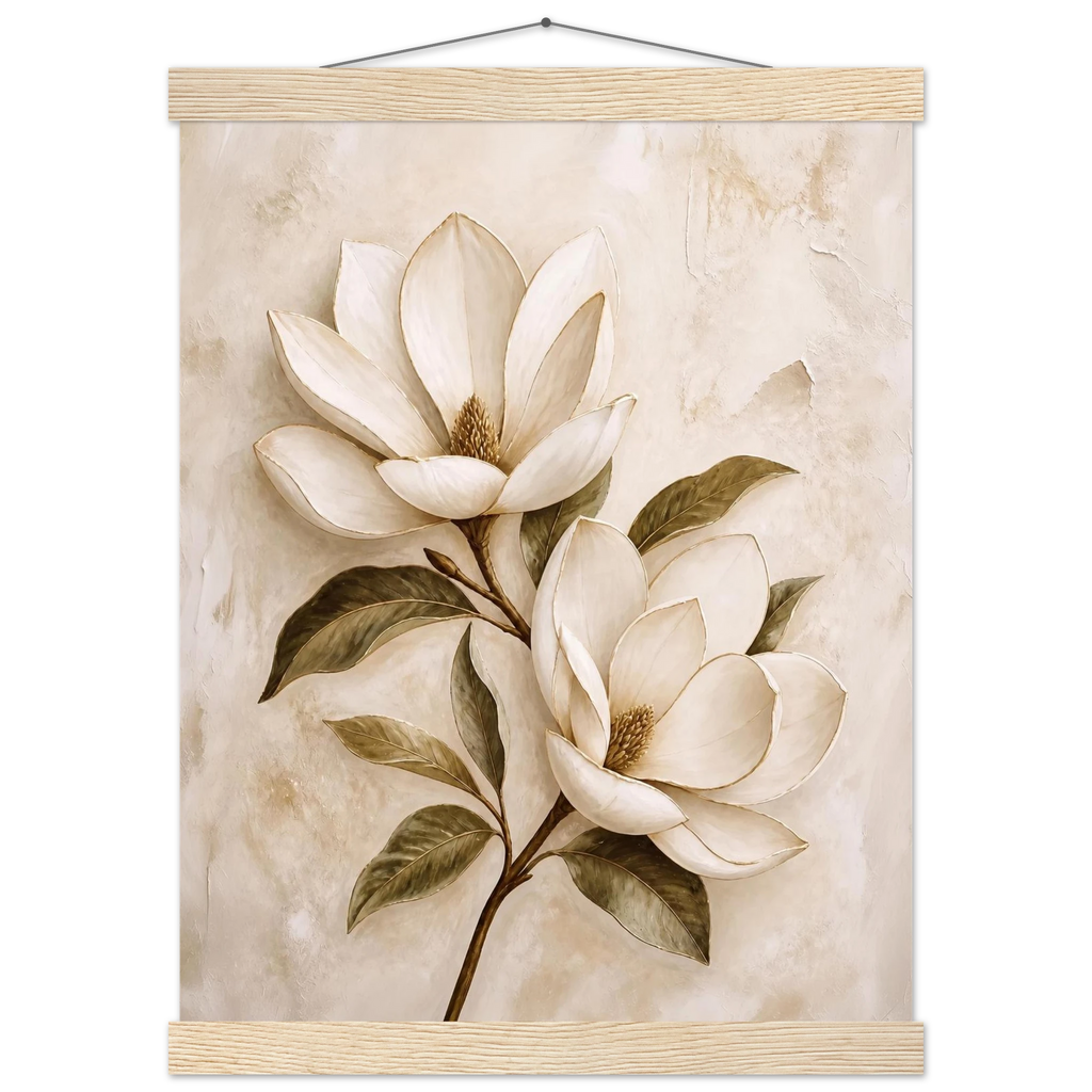 Gilded Magnolia, flowers and botanical. Archival fine art poster shown framed.