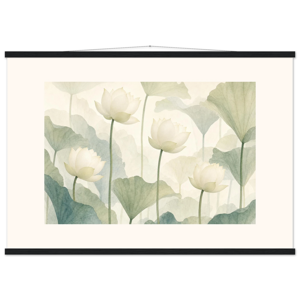 Ivory Lotus Screen: flowers and botanical. Fine art poster, alternate frame and size.