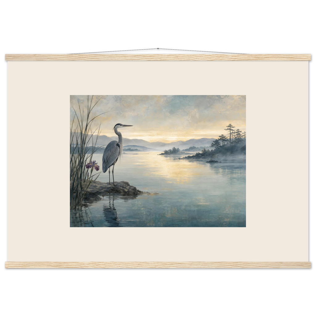 Heron at Dawn: japanese art and japandi. Fine art poster, alternate frame and size.