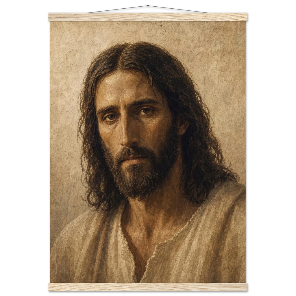 Pôster Kind Eyes com suporte de madeira, retrato sereno de Jesus em luz quente