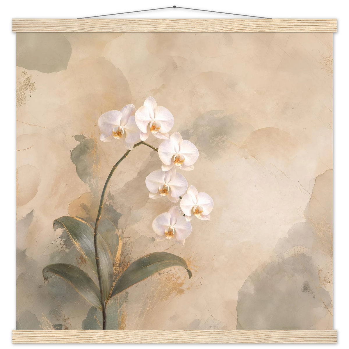 Orchid Luminance: botanical, pale gold and floral art. Fine art poster with wooden hanger by The Light Stays.
