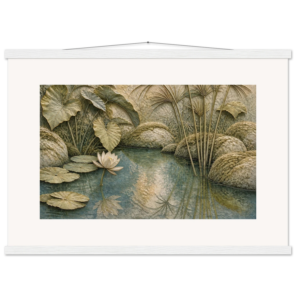 Papyrus Pond, lake, papyrus and serene greens. Archival fine art poster shown framed.