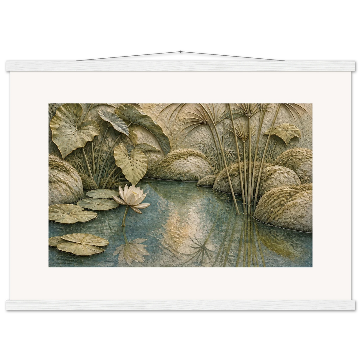 Papyrus Pond, lake, papyrus and serene greens. Archival fine art poster shown framed.