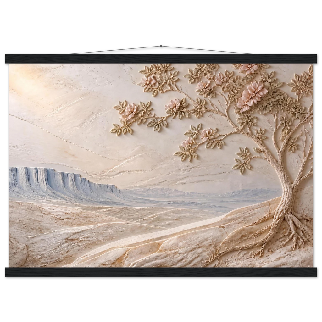 Cliffside Bloom: petra and flora. Museum-quality fine art poster.