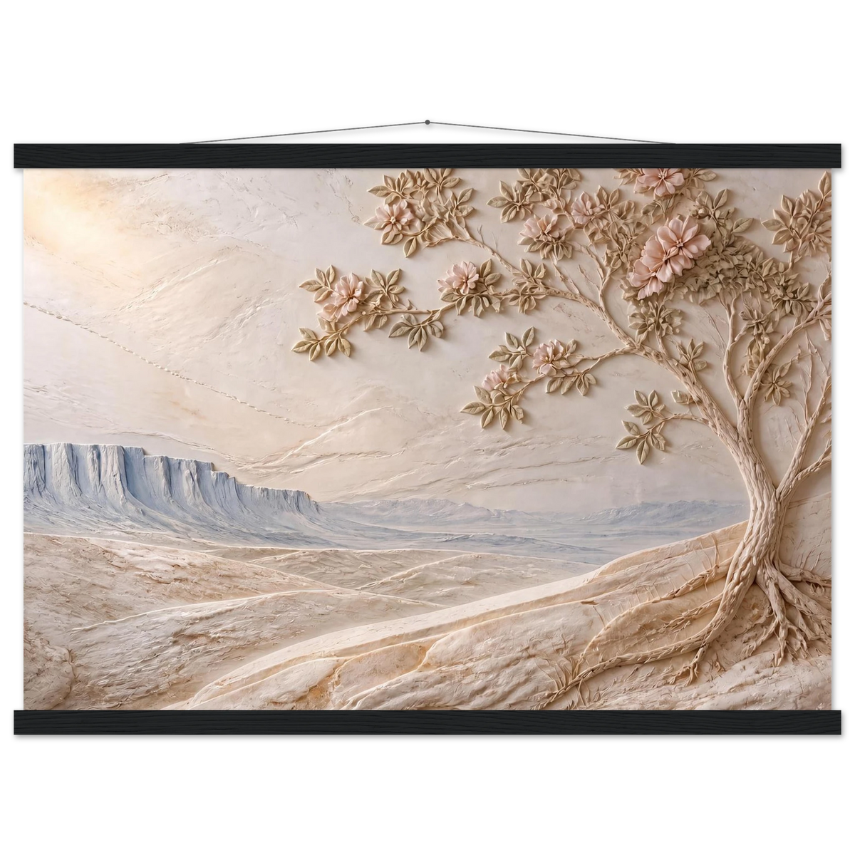Cliffside Bloom: petra and flora. Museum-quality fine art poster.