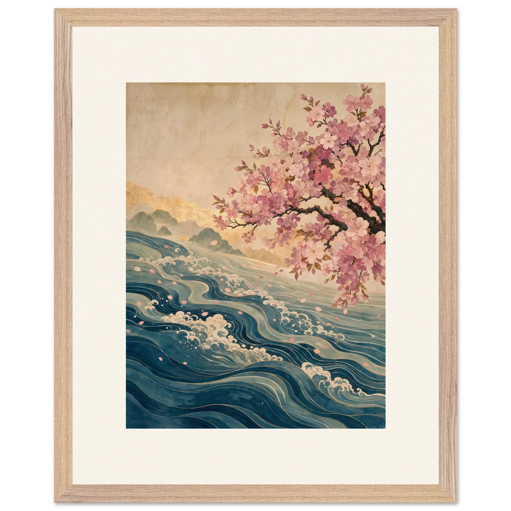 Blossom Tide: japanese art, cherry blossom and wave. Museum-quality framed fine art print.