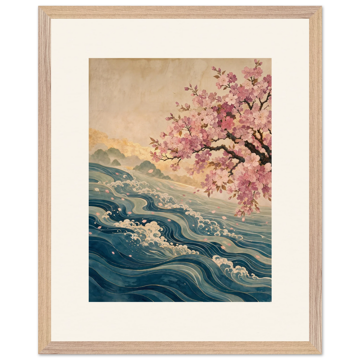 Blossom Tide: japanese art, cherry blossom and wave. Museum-quality framed fine art print.