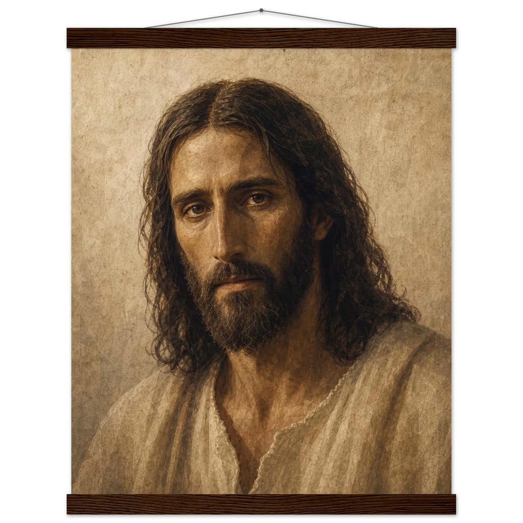 Pôster Kind Eyes com suporte de madeira, retrato sereno de Jesus em luz quente