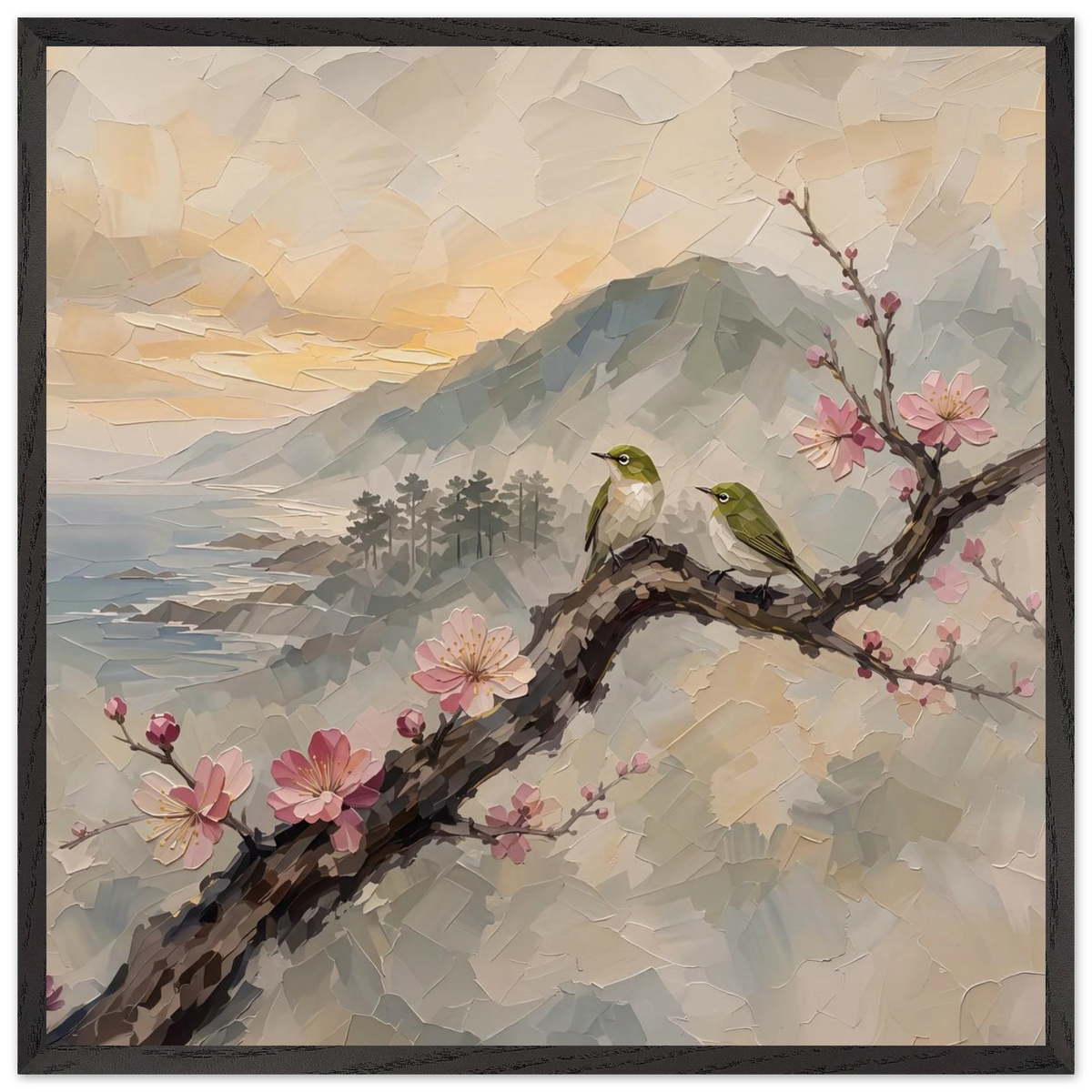 Plum Branch Pair: birds, japanese landscape and japandi. Framed fine art print by The Light Stays.