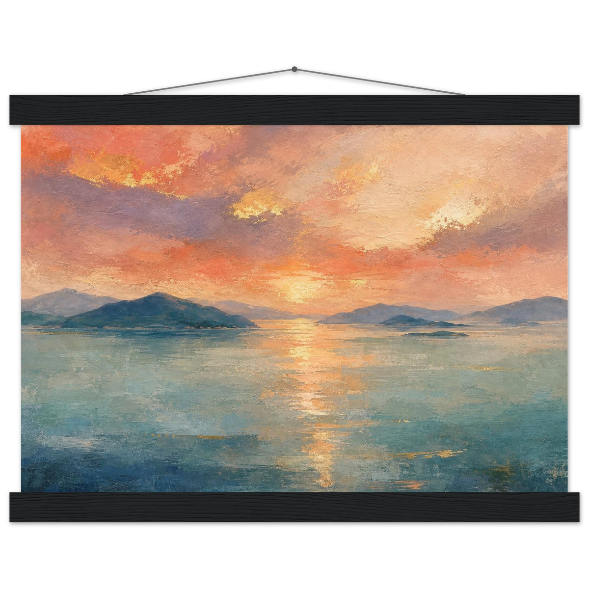 Setouchi Peach Dawn: inland sea, islands and golden reflection. Fine art poster with wooden hanger by The Light Stays.