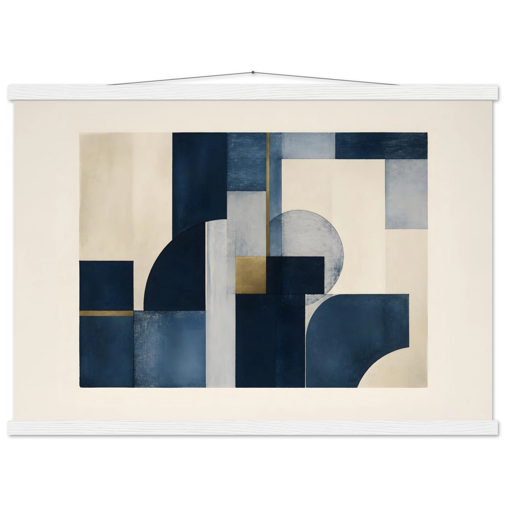 Blue Architecture, geometric abstract, blue and cream. Archival fine art poster shown framed.