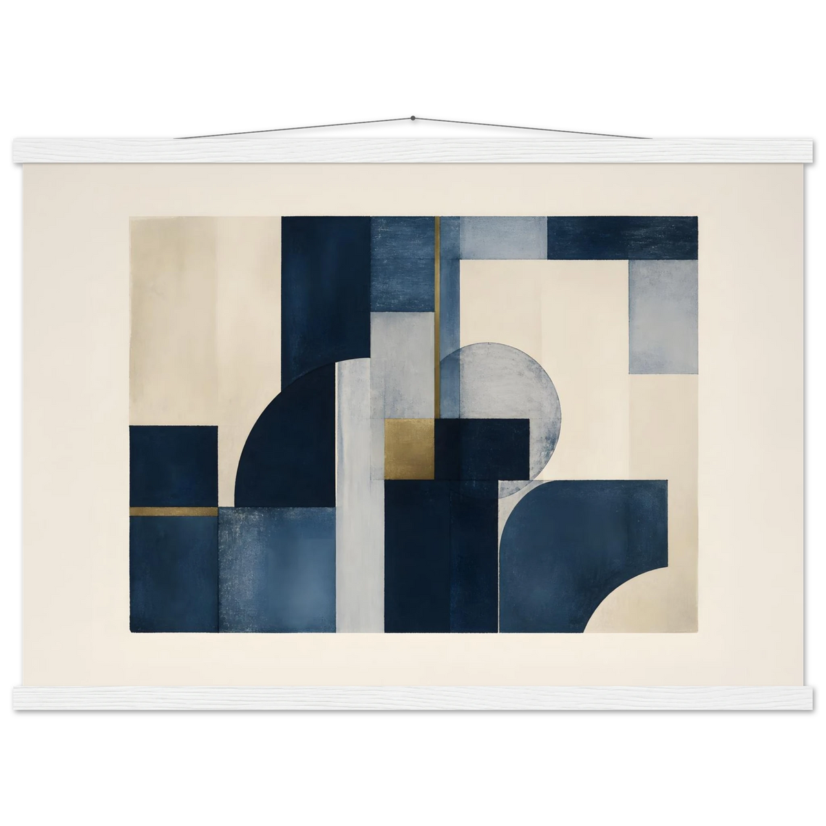 Blue Architecture, geometric abstract, blue and cream. Archival fine art poster shown framed.