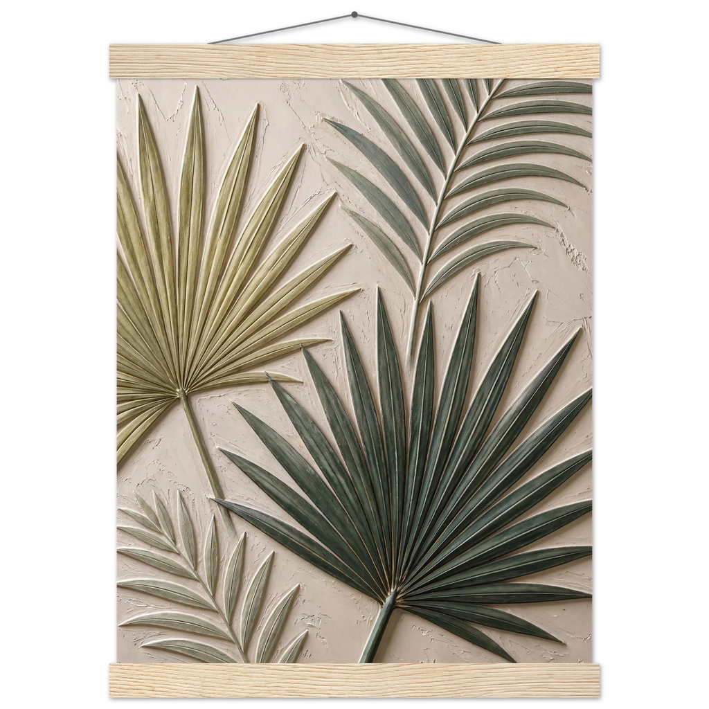 Carved Fronds, impasto, leaves and sand tones. Archival fine art poster shown framed.
