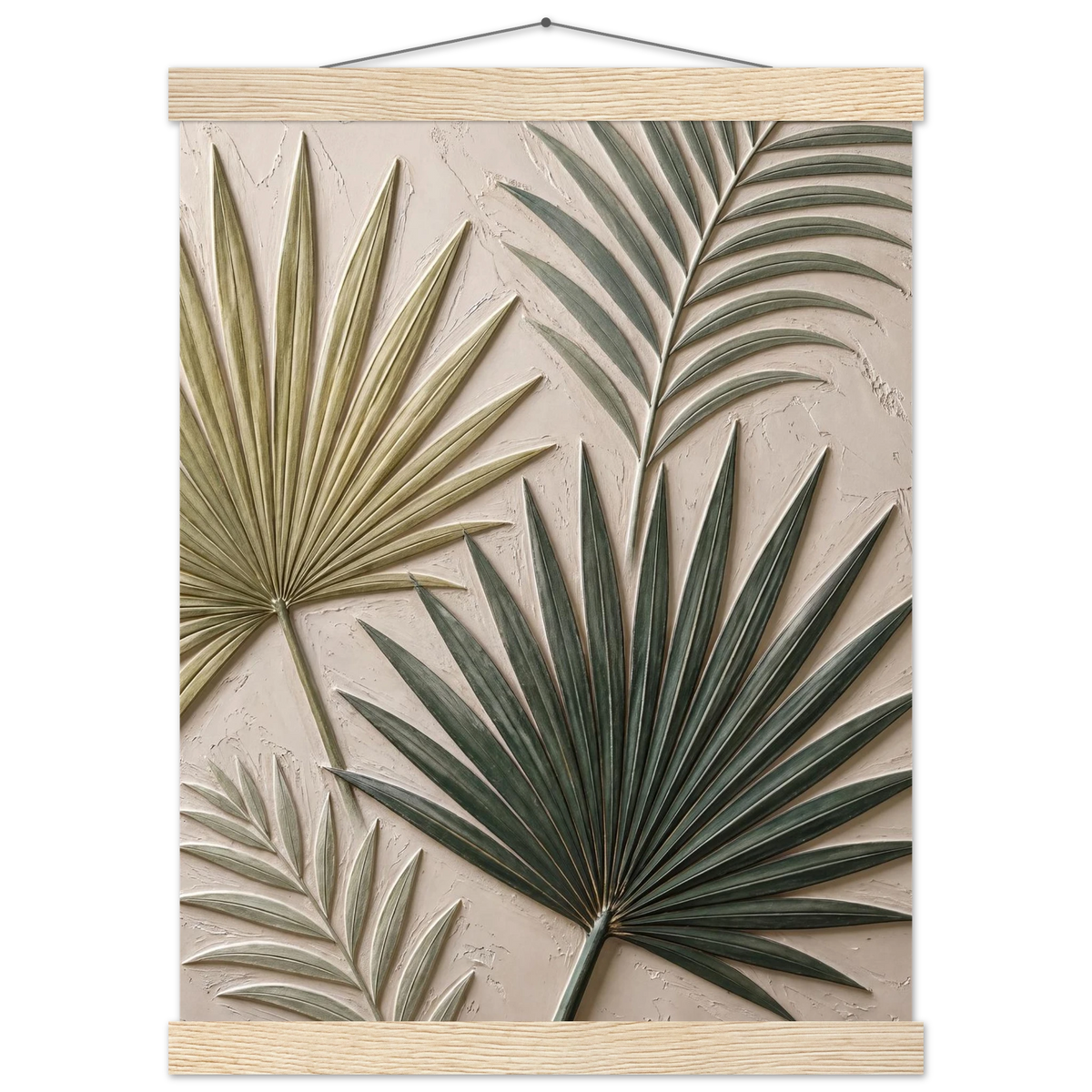 Carved Fronds, impasto, leaves and sand tones. Archival fine art poster shown framed.