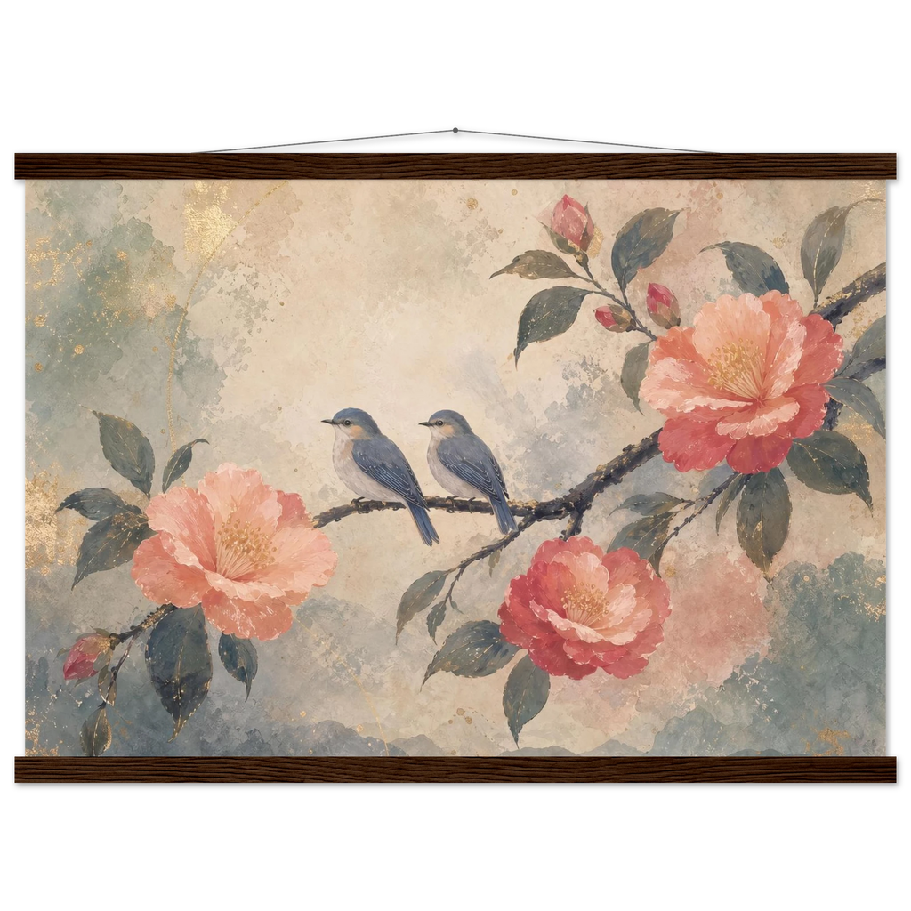 Camellia Birds: flowers and botanical. Fine art poster, alternate frame and size.