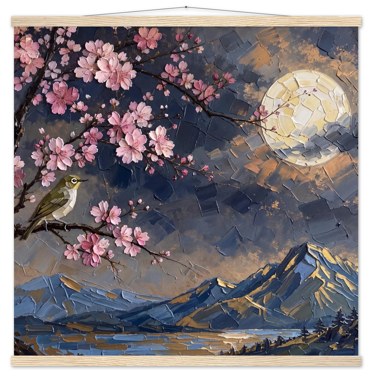 Blossom Moon: cherry blossom, japanese landscape and night. Fine art poster with wooden hanger by The Light Stays.