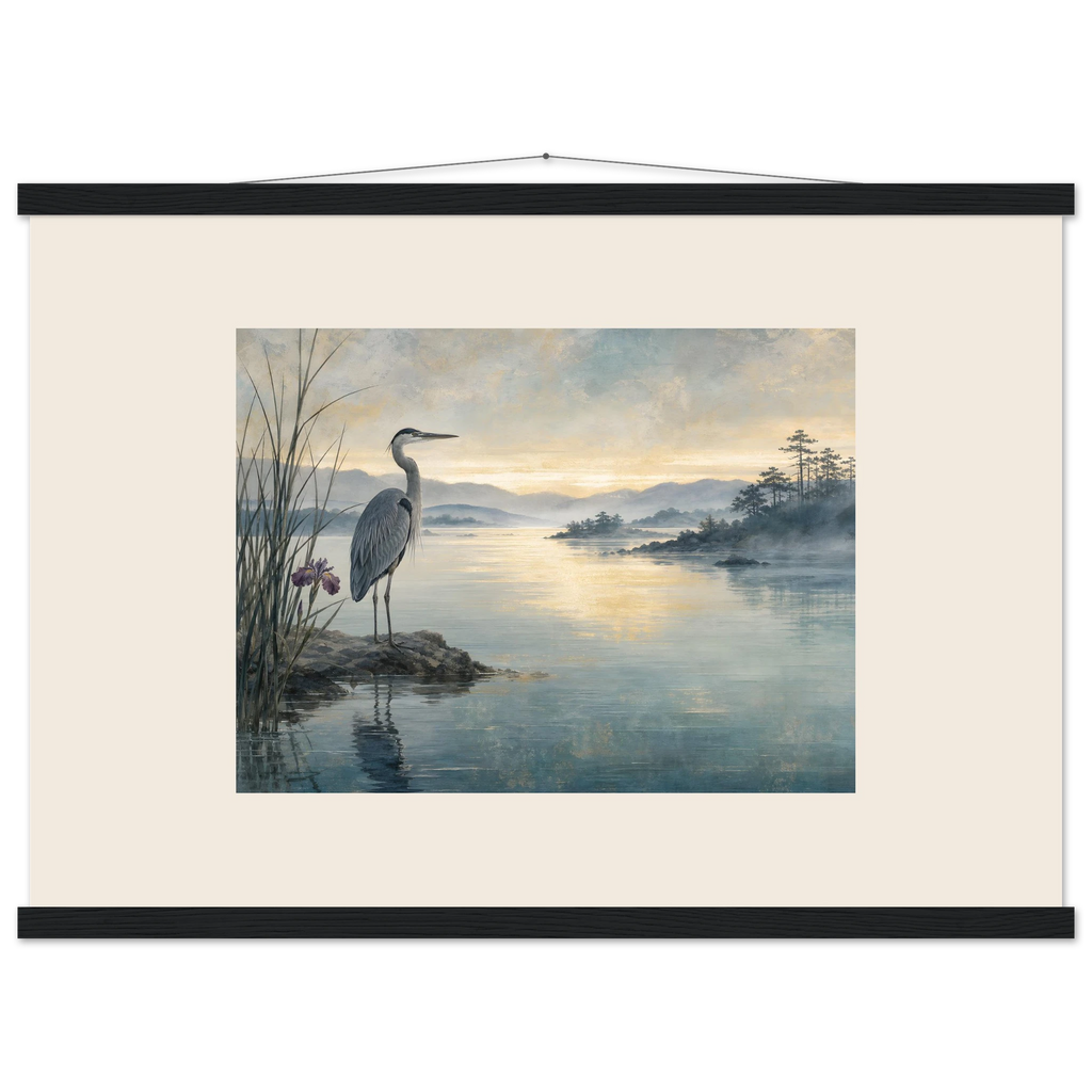 Heron at Dawn: japanese art and japandi. Museum-quality fine art poster.