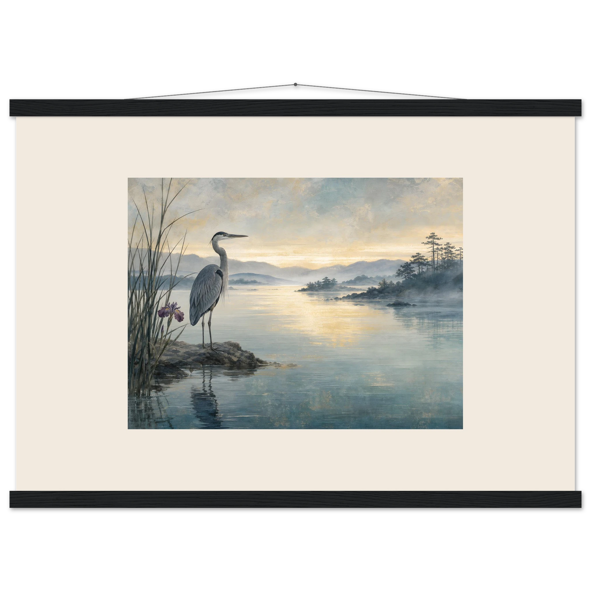 Heron at Dawn: japanese art and japandi. Museum-quality fine art poster.