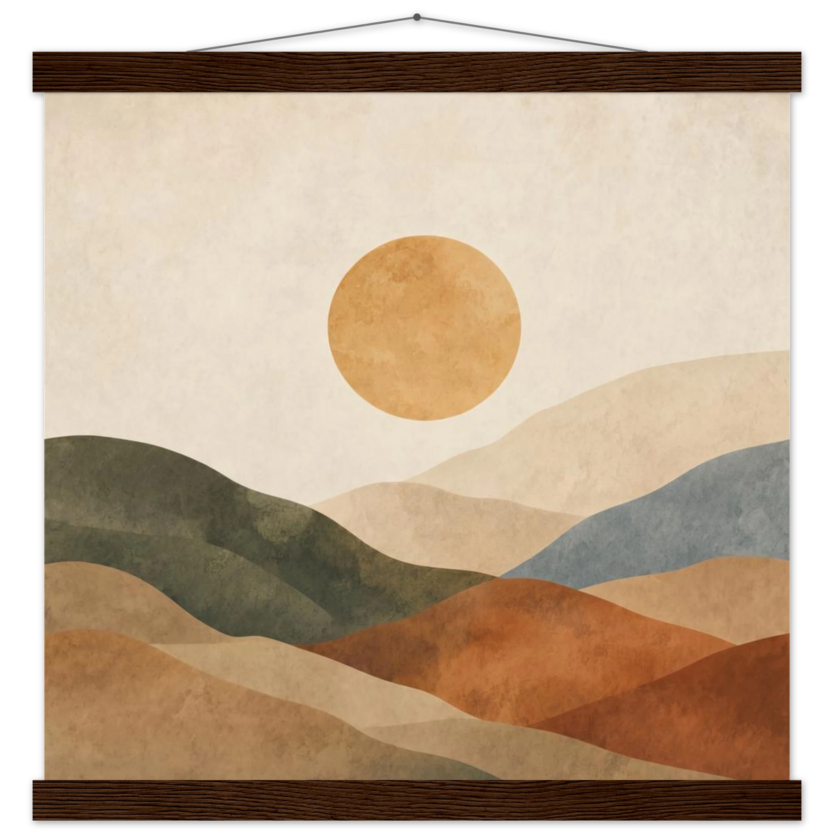 Kindled Earth: sun, hills and ochre palette. Fine art poster with wooden hanger by The Light Stays.